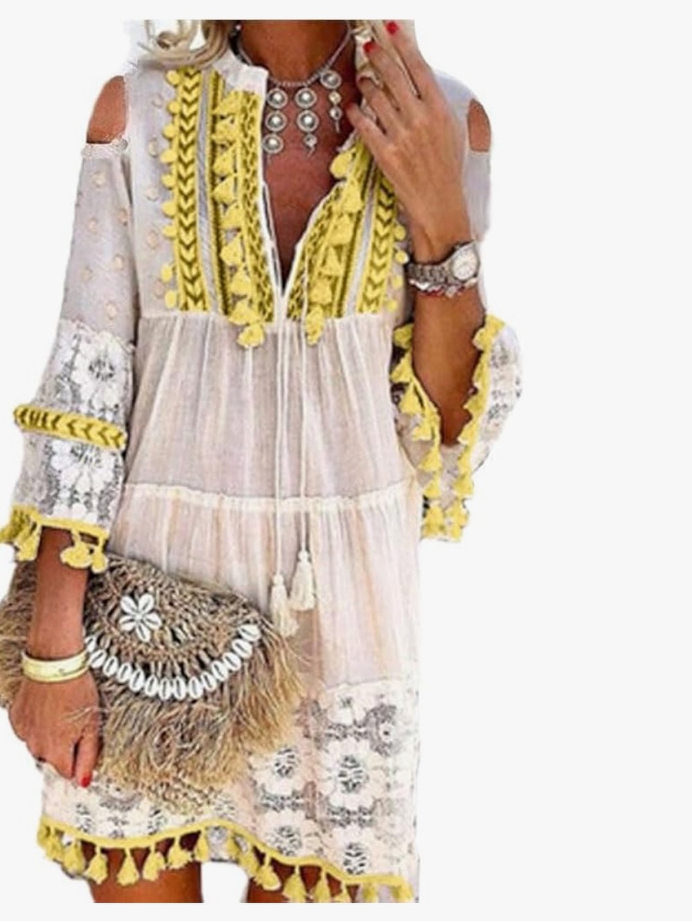Boho Tunic Dress with Yellow Trim 🌼 Brand New Without Tags